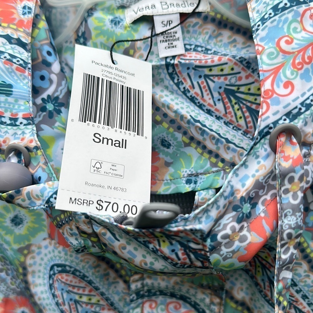 NWT Vera Bradley Packable Raincoat - Citrus Paisley Large Small Medium - Picture 6 of 13